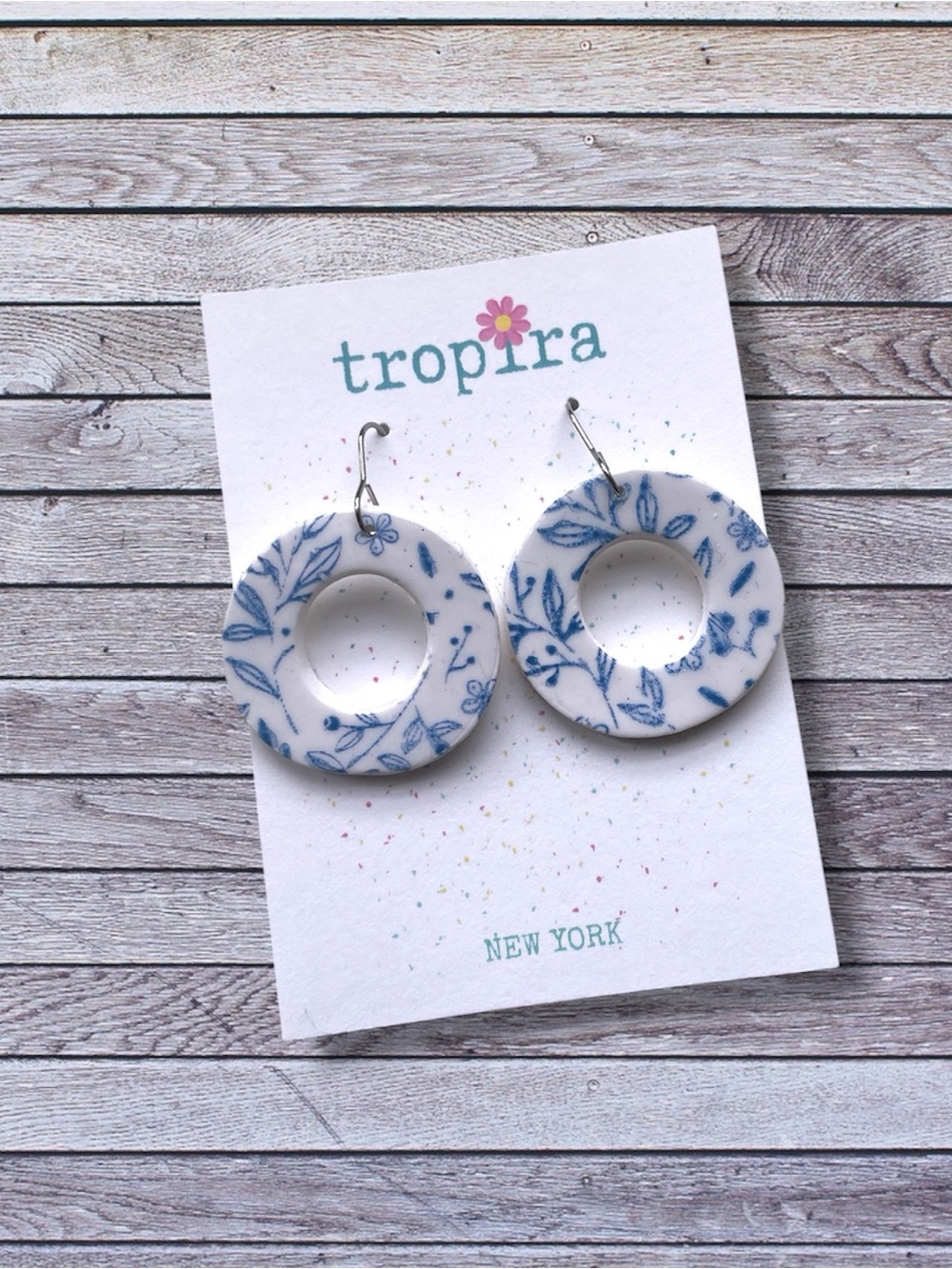 Blue & White Floral Round Dangling Earrings